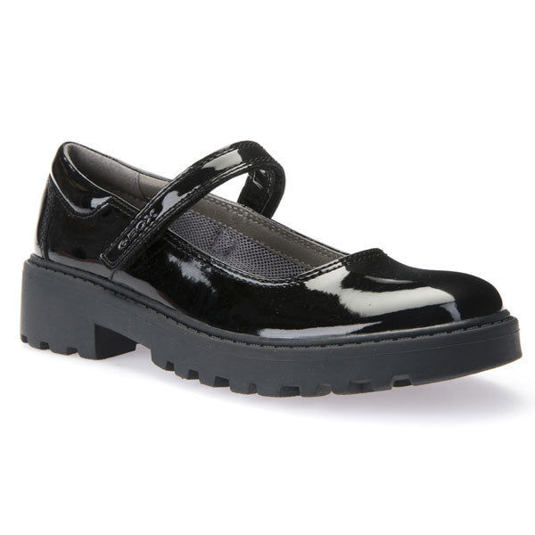 Geox J Casey Black Patent Velcro School Shoes